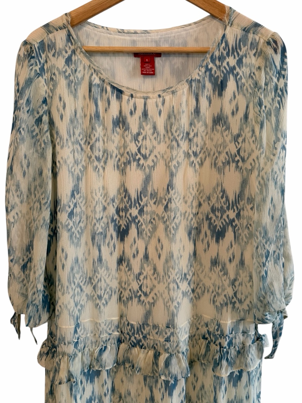 Sundance Maxi Dress Sz 6 Blue Ivory Silk Ikat Ruffled Tiered Drop Waist Size Zip - Picture 5 of 9